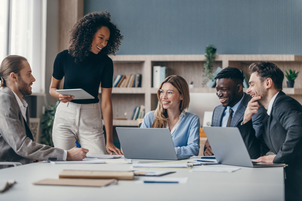 Business colleagues discussing work and planning in an office